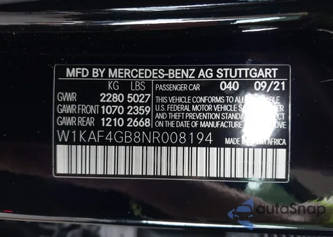 2022 Mercedes-Benz C 300 Sedan from USA, damaged, VIN W1KAF4GB8NR008194